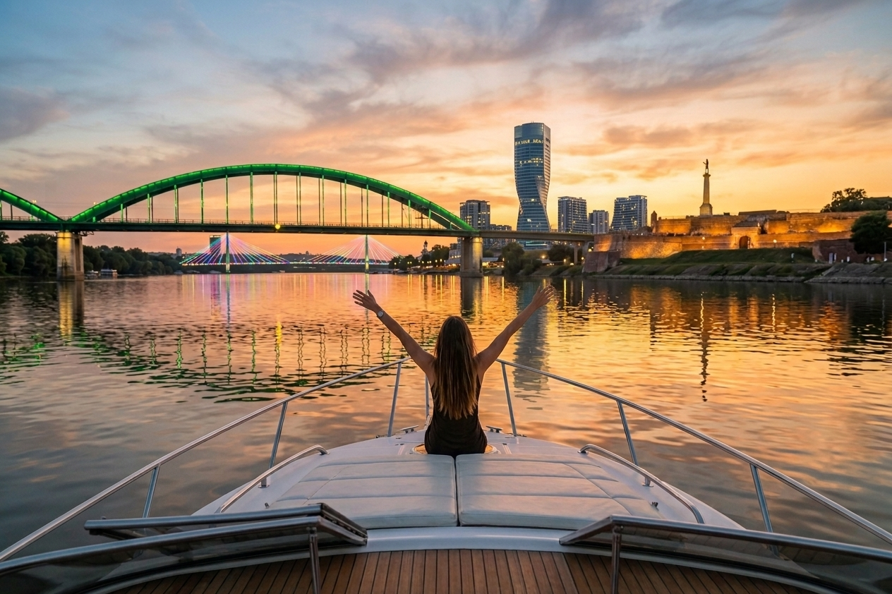 A guest enjoying total freedom on the bow of a BELGRADE RIVER CRUISE during a Belgrade sunset cruise, overlooking Kalemegdan Fortress, bridges and Belgrade Waterfront