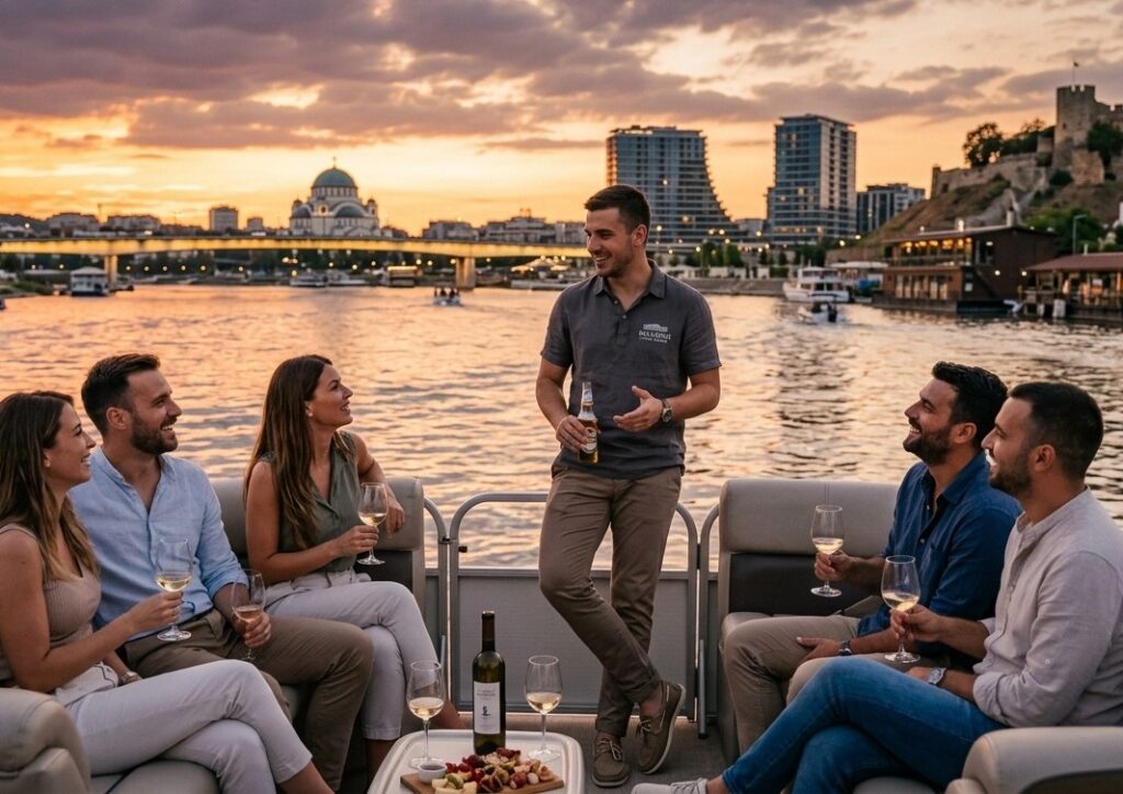 Casual local guide Belgrade River Cruise sharing stories with guests on a private Belgrade boat tour at sunset